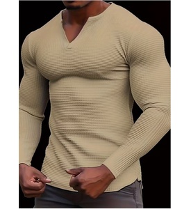 Hauts de sport pour hommes à manches longues, col en V, couleur kaki, légers, pour la course à pied, l'entraînement et la gym - Product Image 3