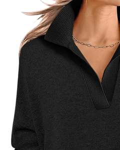 Pull en tricot à col en V noir pour femmes, manches longues, coupe ample, doux, pull d'hiver décontracté, élégant, à porter au quotidien, haut pour femmes, tendance - Product Image 3