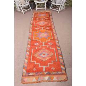 3x11.6 ft <b>Rug</b>, <b>Runner</b> Turkish <b>Rug</b>, Orange Herki Southwestern <b>Rug</b> - Product Image 1
