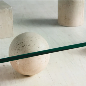 Tùy chỉnh thiết kế độc đáo phong cách đá bảng travertine 4 hình học căn cứ Bàn cà phê với sóng Glass Top - Product Image 3