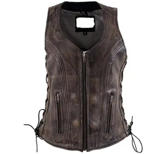 Dark Brown Distressed Original Leather Motorcycle Style 2023 Online Sale Out Side Laces Women Vests Free Shipping