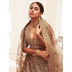 Magnifique Lehenga Choli en soie slub brodée marron pour demoiselles d'honneur ou mariages - Product Image 6