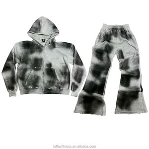 Fabricación personalizada Boxy Fit Oversized Vintage ácido sucio lavado desgastado Zip Hoodie Baggy Raw Hem 2 piezas Flare chándal - Product Image 2