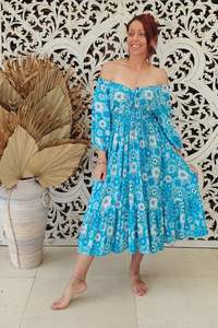 Vestido Floral Azul Bohemio Vintage con Volantes hasta la Rodilla, Tejido Ecológico, Manga Tres Cuartos y Cuello Redondo, Venta al por Mayor 2025 - Product Image 3