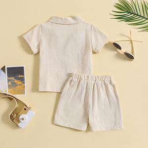 Haute qualité Style été garçons Simple et croustillant rayé épissé col rond manches courtes et couleur unie Shorts garçons vêtements ensembles - Product Image 5