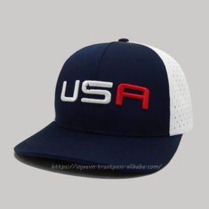 Sombreros de camionero de EE. UU. con logotipo bordado en 3D con agujero cortado con láser Cierre ajustable Gorras deportivas de tela de algodón de 6 paneles - Product Image 1