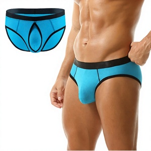 Men Blue Mid-Rise <b>Boxer</b> Briefs Solid Color Breathable Spandex Cotton Knitted Underwear - Product Image 2