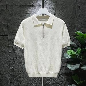 Polo d'été pour hommes, manches courtes en soie de glace tendance, haut rétro classique avec veines à grille solide, coupe ajustée, t-shirts amples - Product Image 2