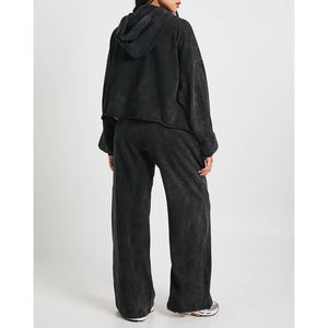 Conjunto Deportivo de 2 Piezas para Mujer en Felpa de Algodón Lavado al Ácido, Sudadera Corta con Cremallera Completa y Pantalones Jogger de Pierna Ancha, Corte Holgado, OEM ODM - Product Image 4