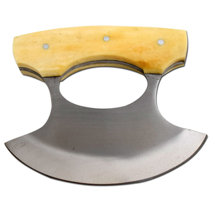 Couteau Ulu compact pour droitiers avec lame en acier Damas incurvée durable, manche en bois, lavable au lave-vaisselle pour une découpe rapide en cuisine - Product Image 1