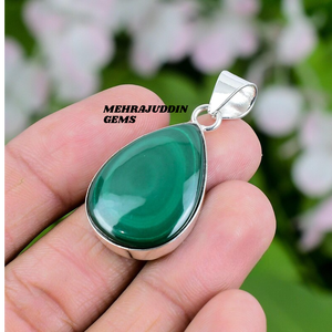 Collier pendentif en argent sterling 925 fait à la main pour enfants, tendance, en forme de poire, avec pierre précieuse malachite, avec poinçon 925 - Product Image 3