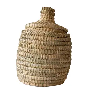 Panier de rangement cylindrique en rotin Unique de grande taille, organisateur en osier fait à la main, panier à linge en herbe de mer avec couvercle