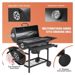 Garden BBQ Barrel Charcoal Grill com tampa Elétrica Rotativa Churrasqueira com Rodas e Prateleiras