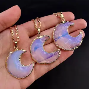 New Wholesale Opalite Crescent Moon Pendant : Natural Moon Crescent crystal pendant : New Opalite Crescent crystal moon necklace