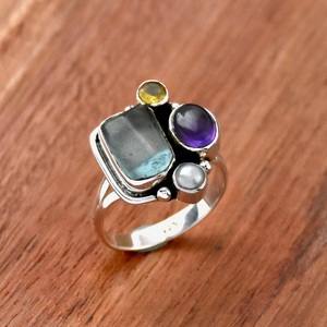 <b>Raw</b> Blue Topaz <b>Amethyst</b> Citrine Christian Bohemian 925 Sterling Silver Multi Stone Statement Ring Gift for Women - Product Image 2