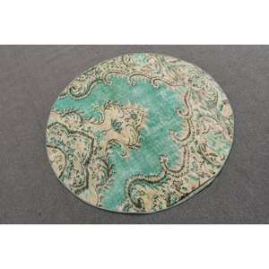 Alfombra de lana verde y beige tradicional hecha a mano, diseño de retazos de 4,2x4,2 pies, sala de estar látex para, dormitorio, pasillo, alfombras rectangulares turcas - Product Image 2