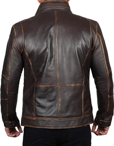 2024 <b>Men's</b> Stand Collar Classic Motorcycle Style Black Leather <b>Jacket</b> with Distressed Brown Cowhide Customizable Breathable - Product Image 5