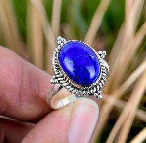 Anillo de Eternidad Hecho a Mano en Plata de Ley 925, Diseño Clásico Único, Piedra Preciosa de Lapislázuli de Corte Ovalado Natural, Engaste de Bisel, para Fiesta - Product Image 3