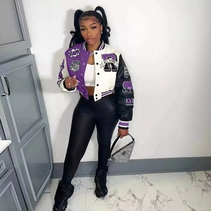 Crop Varsity <b>Jacket</b> Letterman <b>Jacket</b> College <b>Jacket</b> with Custom Logos and Chenille <b>Patches</b> at Wholesale for Women - Product Image 2