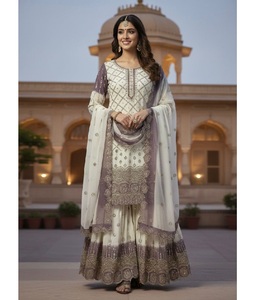 Salwar Kameez pour femmes, style ethnique indien, en georgette à double tonalité, avec rembourrage lourd, broderie lourde, travail de séquence, avec manches - Product Image 1