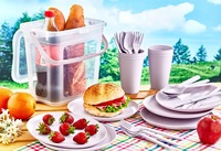 Ensemble de pique-nique portable moderne Afossa, 32 pièces, léger, durable, sans BPA, en plastique, assiettes, tasses, couverts, pliable, boîte de rangement 10L+
