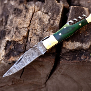 Cuchillo Plegable de Acero de Damasco Hecho a Mano, Abridor de Vino de Acero Inoxidable, Llavero de Bolsillo, Mango de Madera, Ideal para Supervivencia - Product Image 3