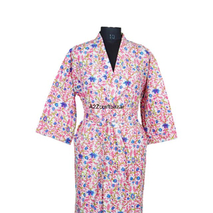 Bata de Baño Hecha a Mano 100% Algodón para Mujer, Estampado Floral Indio, Cuello en V, Cierre con Cordón, Mangas Largas, Largo Completo - Product Image 3