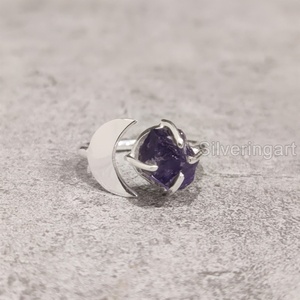 Bijoux en pierre brute Bague pour femme Améthyste brute naturelle Pierre précieuse Février Pierre de naissance Croissant de lune Bijoux Bague en argent sterling 925 - Product Image 1
