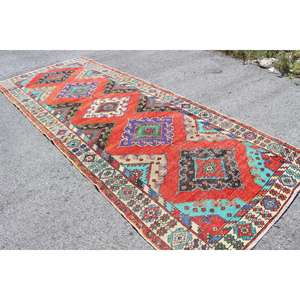 พรมวิ่งสไตล์ตุรกี ขนาด 5x13 ฟุต สีแดงน้ำเงิน ลายต้นไม้และพืช พรมขนสัตว์ - Product Image 3