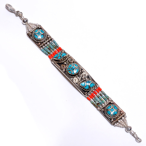 Tibetan <b>Silver</b> Vintage Antique Style <b>Bracelet</b>, Natural Turquoise, Coral, Lapis Gemstone, Jaipur Jewelry - Product Image 5