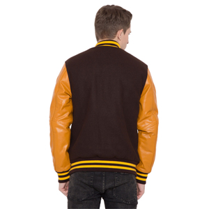 Chaqueta universitaria personalizada, abrigo estilo letterman marrón y amarillo, cuerpo de lana, mangas de cuero, estilo béisbol, chaqueta bomber, ropa informal estampada - Product Image 4