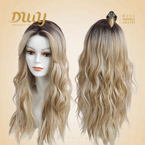 Mia-DWY Long Curly Synthetic <b>Wig</b> Transparent Lace Front Free Part Rooted Blonde Color - Product Image 5