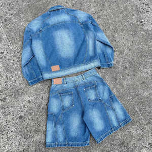 Manufacturers Custom Your <b>Shorts</b> <b>Men</b> Streetwear Distressed <b>Denim</b> Patch Trucker Jacket Two Piece <b>Denim</b> <b>Short</b> Sets - Product Image 1