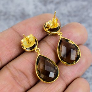 925เงินสเตอร์ลิงทำด้วยมือควอตซ์อัญมณีหยดลงต่างหูชุบทองรูปทรงลูกแพร์ดีไซน์แบบโบฮีเมียน - Product Image 4