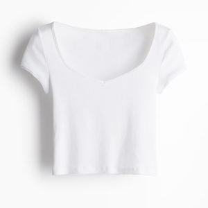 Top de Punto Sólido Elegante Personalizado para Mujer, Manga Corta, Cuello Acanalado, Estilo Casual de Verano, Mezcla de Algodón y Elastano Antiarrugas - Product Image 1