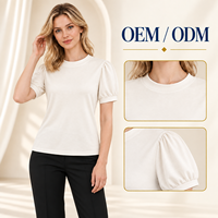 T-shirt pour femme en modal ivoire à col rond et manches bouffantes pour collections de marques privées haut de gamme