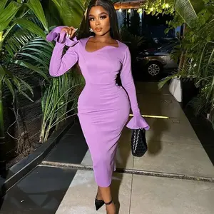 Vestido de Noche Largo Color Lavanda con Mangas Acampanadas, Decoración de Lentejuelas, Cómodo, Talla XS, Cuello Redondo, Ideal para Fiestas - Product Image 1