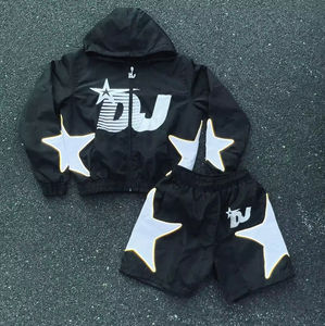 2024 New Design Eco-Friendly Men's Casual Streetwear Windbreaker Tracksuit <b>Shorts</b> Set Solid Puff Print Two Piece Full <b>Zip</b> Hoodie - Product Image 5