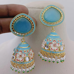 Juego de pendientes Bloom Meenakari Jhumkas, flores pintadas a mano, colección única de pendientes hechos a mano por artesanos de Silled - Product Image 1