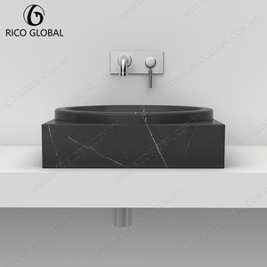 Lavabo en marbre noir de qualité supérieure avec base carrée intégrée élégante et bol circulaire pour une décoration de salle de bain haut de gamme - Product Image 5