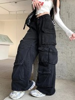 Streetwear délavé noir Baggy Jeans Cargo pantalon pour femmes vêtements multi-poches jambe large dame pantalon