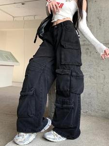 Streetwear Washed Black <b>Baggy</b> Jeans <b>Cargo</b> <b>Pants</b> For <b>Women</b> Clothes Multi Pockets Wide Leg Lady Trousers - Product Image 2
