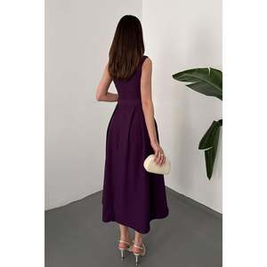 <b>Purple</b> Solid <b>Halter</b> <b>Neck</b> Natural Waist Midi Flared <b>Dress</b> - Product Image 5