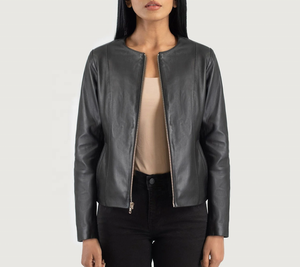 Black Genuine Leather Moto <b>Jacket</b> With Turn-down Collar And Zipper Closure Unisex <b>Slim</b> <b>Fit</b> Autumn Style - Product Image 5