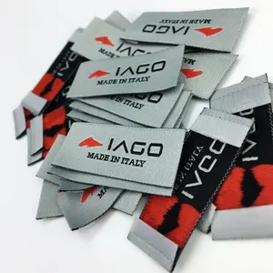 Vente en gros Étiquettes de vêtements imprimées personnalisées Étiquettes de vêtements tissées en polyester brodé satin/soie personnalisées avec pli d'extrémité - Product Image 1