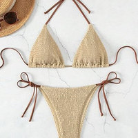 Dames gerimpelde halter driehoekige top, verstelbare strik aan de zijkant, bikiniset met dierenprint aan de voorkant, sexy strandkleding, zwembad, 2-delig