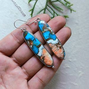 Kingman Oyster Copper Turquoise Gemstone <b>Earrings</b> in 925 Sterling <b>Silver</b> <b>Long</b> Oval Design Gift for Her Handmade Jewelry - Product Image 2