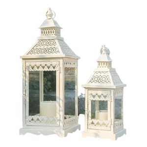 Portavelas de hierro de diseño elegante, farol con acabado blanco, farol decorativo de vidrio transparente para decorar el hogar, farol colgante a la venta - Product Image 5
