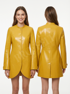 Abrigo de Cuero Genuino de Primera Calidad, Largo Medio, Color Negro, Cuello Redondo, Cierre de Botones, Abrigos de Cuero Casuales de Invierno - Product Image 6