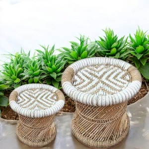 Set 2 Boho Bone Inlay Console <b>Stool</b> Handwoven Natural Bamboo Wicker Ottoman Pouffe Traditional Bedroom Apartment Furniture Soft - Product Image 1